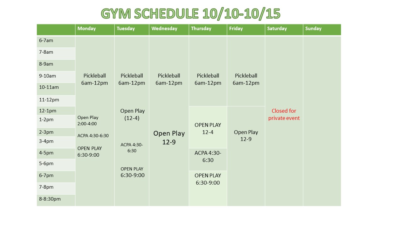 October 22 Gym Schedule